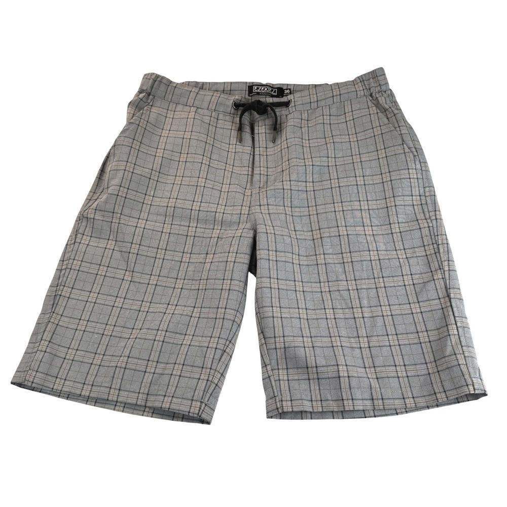 Ezekiel Plaid Shorts 36 Grey Navy Tan EW201012 Drawstring Stretch Casual